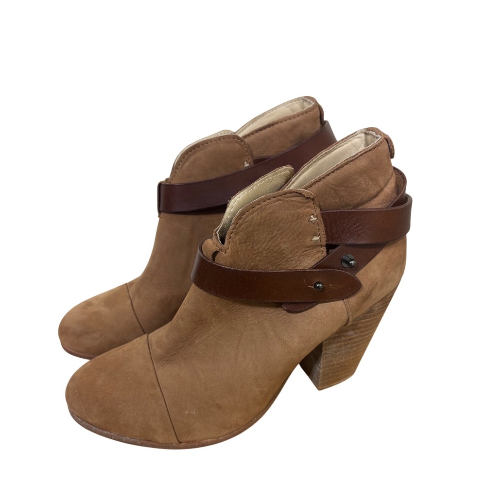 Rag & Bone Ankle Boots 37.5 Harrow Tan Leather Wrap Strap Stacked‎ Heel Booties